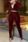 Wine Red Sexy Solid Slit Fold V Neck Long Sleeve Two Pieces