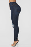 Dark Blue Fashion Casual Solid Buckle High Waist Skinny Jeans