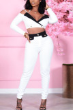 White Sexy Solid Patchwork V Neck Long Sleeve Two Pieces