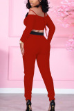 Red Sexy Solid Patchwork V Neck Long Sleeve Two Pieces