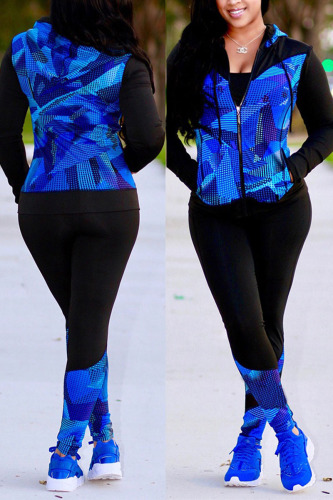 Blue Sexy Print Patchwork Hooded Collar Long Sleeve Two Pieces