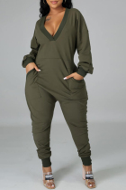 Army Green Sexy Solid V Neck Plus Size