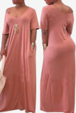 Pink Fashion Casual Cap Sleeve Short Sleeves V Neck Straight Floor-Length Solid