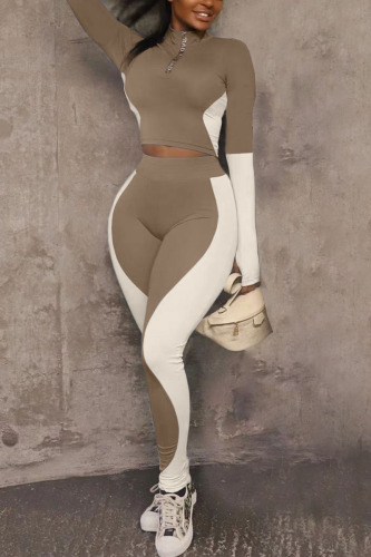 Khaki Sportswear Solid Long Sleeve Two Pieces