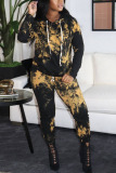 Yellow Casual Print Hooded Collar Long Sleeve Two Pieces