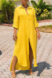 Yellow Casual Fashion Long Sleeve Loose Long Shirt Dress (Without Belt)