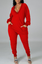 Red Sexy Solid V Neck Plus Size