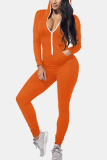 Orange Fashion Casual Solid Basic Hooded Collar Skinny Jumpsuits