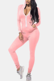 Pink Fashion Casual Solid Basic Hooded Collar Skinny Jumpsuits