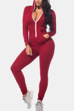 Wine Red Fashion Casual Solid Basic Hooded Collar Skinny Jumpsuits