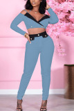Blue Sexy Solid Patchwork V Neck Long Sleeve Two Pieces