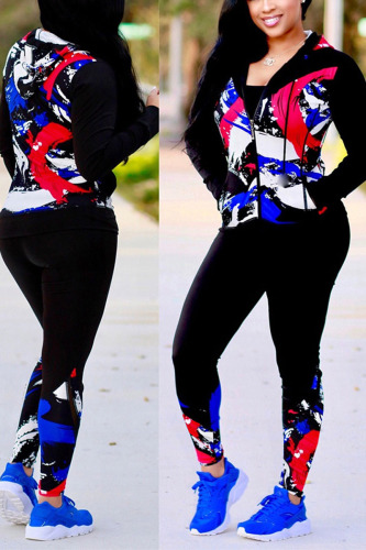 Red Blue Sexy Print Patchwork Hooded Collar Long Sleeve Two Pieces