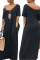 Black Fashion Casual Cap Sleeve Short Sleeves V Neck Straight Floor-Length Solid
