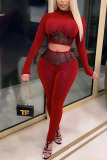 Red Sexy Solid Patchwork O Neck Long Sleeve Two Pieces