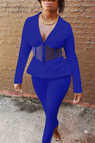 Royal Blue Casual Solid Patchwork V Neck Long Sleeve Two Pieces