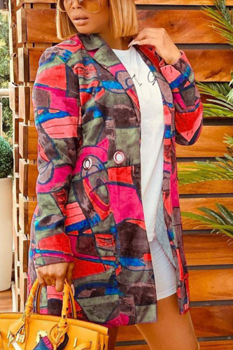 Rose Red Casual Print Graffiti Turndown Collar Outerwear