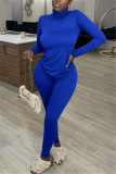 Tibetan Blue Casual Solid Basic Turtleneck Long Sleeve Two Pieces