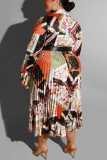 Multicolor Sexy Print Pleated Satin Extra Large V Neck Dress (with Belt)