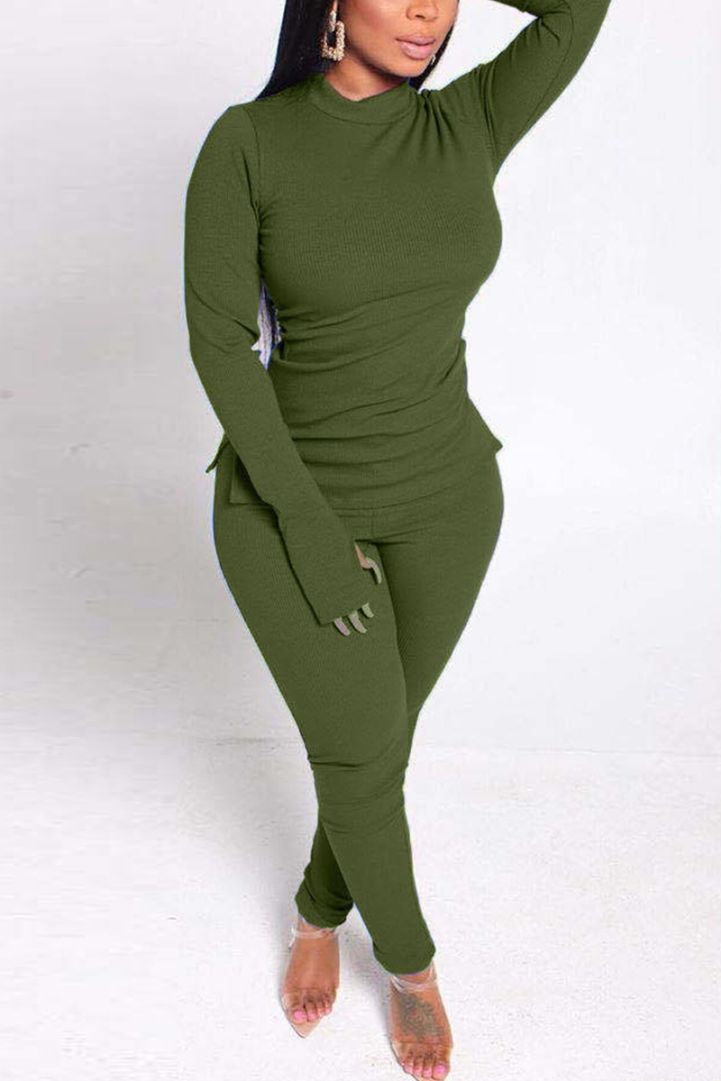 

Army Green Casual Solid Basic Half A Turtleneck Long Sleeve Two Pieces