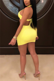 Yellow Fashion Sexy Solid Hollowed Out O Neck Long Sleeve Dress