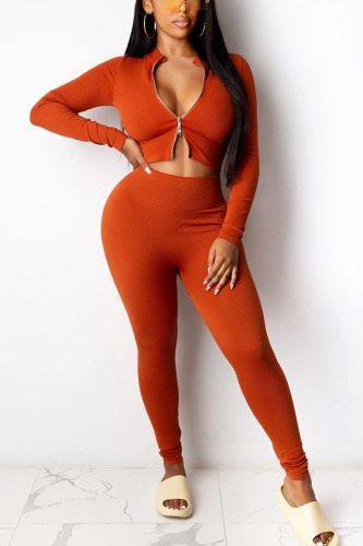 Red Casual Solid O Neck Long Sleeve Two Pieces