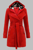 Red Fashion Casual Solid With Belt Hooded Collar Outerwear