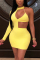 Yellow Fashion Sexy Solid Hollowed Out O Neck Long Sleeve Dress