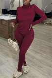 Wine Red Casual Solid Basic Turtleneck Long Sleeve Two Pieces