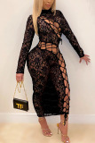 Black Sexy Solid Bandage Hollowed Out Patchwork See-through O Neck Pencil Skirt Dresses