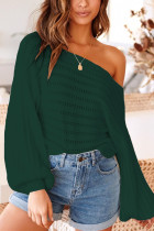Black Green Fashion Casual Solid Pullovers Oblique Collar Tops