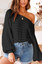 Black Fashion Casual Solid Pullovers Oblique Collar Tops