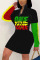 Black Sportswear Graffiti Turndown Collar Wrapped Skirt Dresses