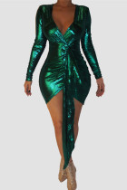 Green Sexy Fashion Slim V-neck Dress