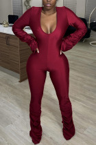 Wine Red Sexy Solid Fold V Neck Jumpsuits