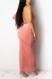 Pink Fashion Sexy Solid Hollowed Out Draw String Backless Halter Sleeveless Dress