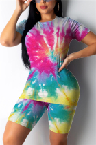 Rainbow Color Fashion Casual Print Tie-dye O Neck Long Sleeve Two Pieces