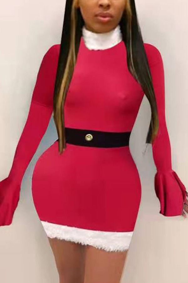 Red Sexy Solid Patchwork Turtleneck Pencil Skirt Dresses