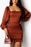 Wine Red Elegant Solid Backless Square Collar Pencil Skirt Dresses
