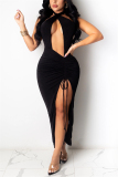 Black Fashion Sexy Solid Hollowed Out Draw String Backless Halter Sleeveless Dress