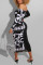 Black Fashion Sexy Print Split Joint Bateau Neck Printed Dress