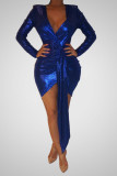 Blue Sexy Fashion Slim V-neck Dress