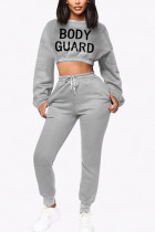 Grey Fashion Casual Adult Polyester Letter Letter O Neck Long Sleeve Regular Sleeve Short Two Pieces