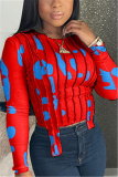 Red Fashion Casual Print Basic O Neck Tops