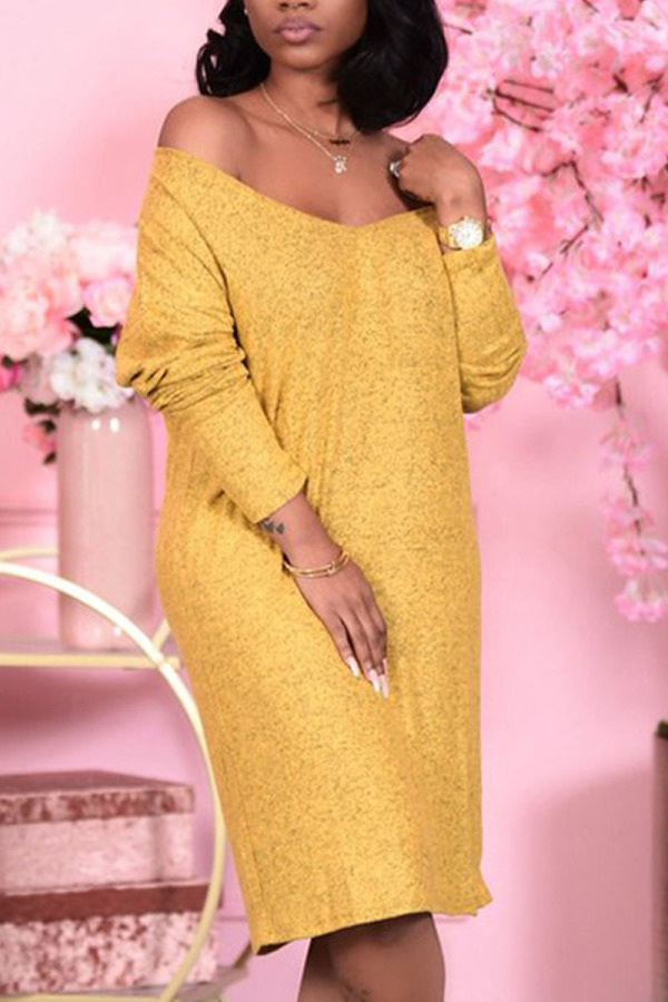 Yellow Casual Solid V Neck Dresses