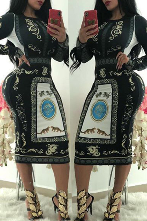 Black Casual Printed Knitting Mid Calf Dress