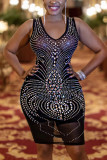 Black Fashion Sexy Hot Drilling See-through V Neck Vest Dress