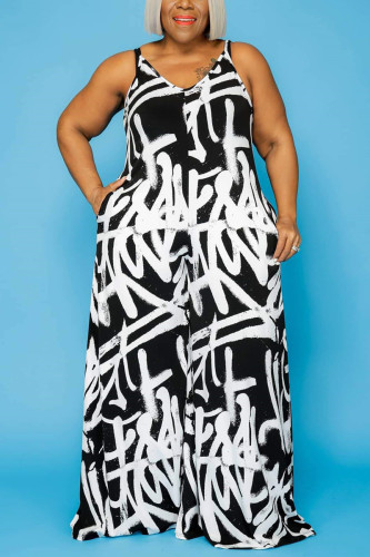 White Fashion Sexy Print Backless V Neck Plus Size Jumpsuit