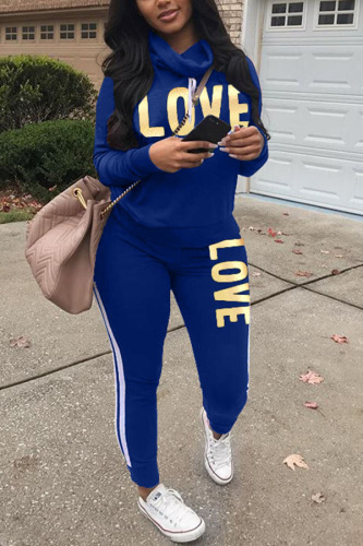 Royal blue Fashion Print Patchwork O Neck Long Sleeve Two Pieces