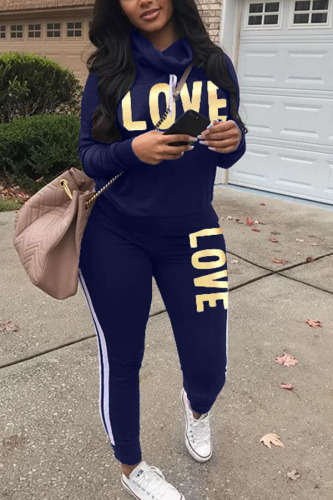 Navy Blue Fashion Print Patchwork O Neck Long Sleeve Two Pieces