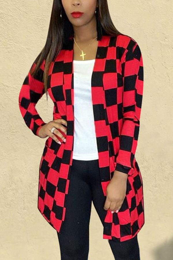 Red Casual Plaid Patchwork O Neck Outerwear